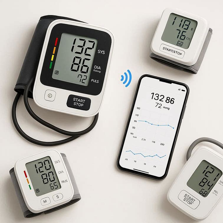 오므론 HEM-7141T1 블루투스 혈압계와 스마트폰 앱이 함께 있는 모습, 현대적인 건강 관