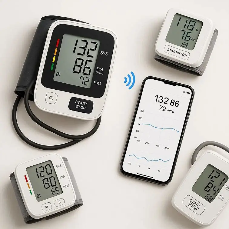 오므론 HEM-7141T1 블루투스 혈압계와 스마트폰 앱이 함께 있는 모습, 현대적인 건강 관