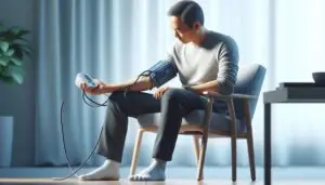 A photorealistic image of a middle-aged Asian person, seated comfortably in a chair with their back straight and feet flat on the floor. They are calmly measuring their blood pressure with an OMRON upper arm monitor, ensuring the cuff is correctly positioned at heart level. The scene is bright, clean, and emphasizes the correct, relaxed posture for accurate measurement.A middle-aged man checking blood pressure at home, bright and clean room