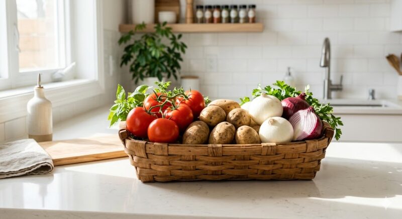 주방 조리대 위 바구니에 담긴 신선한 토마토와 감자, 양파 사진