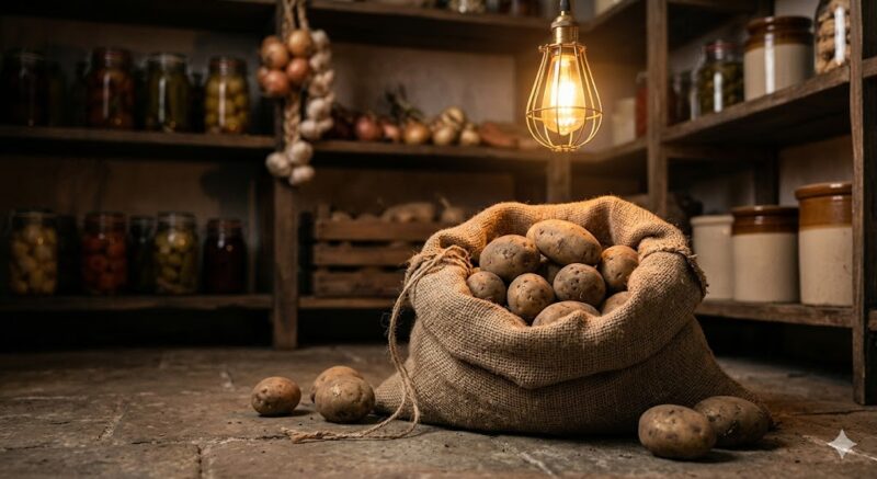 어두운 저장고 안 자루에 담겨 보관 중인 감자 사진