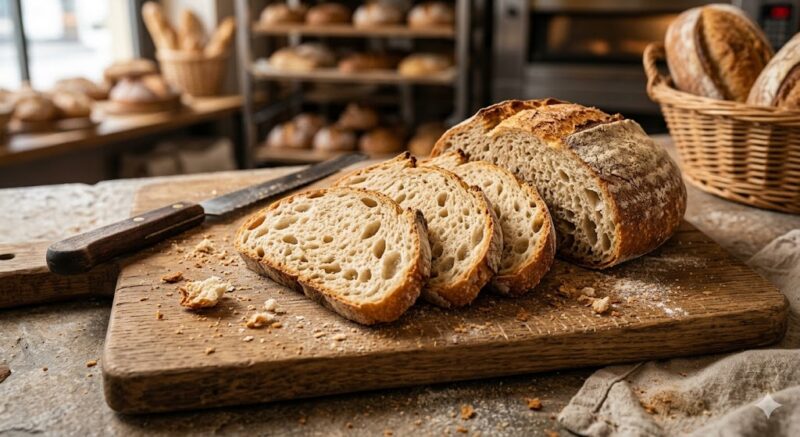 나무 도마 위에 놓인 신선하게 구워진 빵 사진