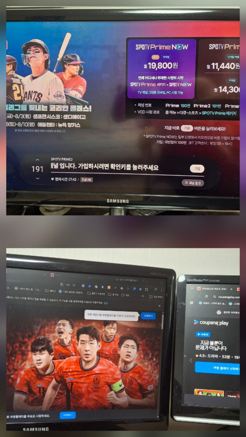 스포츠 중계권 독점 스포티비 프라임 쿠팡플레이 TV 가입 화면