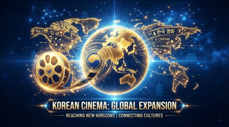 한국 영화의 글로벌 세계 시장 확장을 시각화한 일러스트