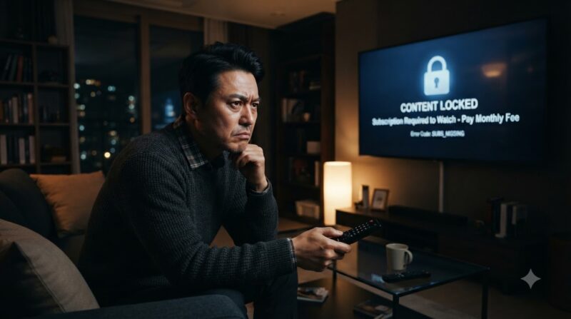 스포츠 중계권 독점 OTT 유료 결제 유도 화면과 답답해하는 시청자