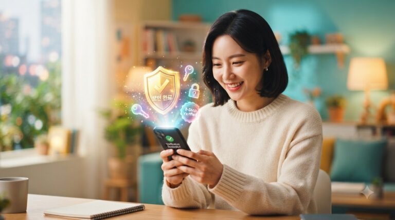 구글 계정 2단계 인증 설정 완료 후 안심하는 사람과 보안 방패 아이콘 일러스트
