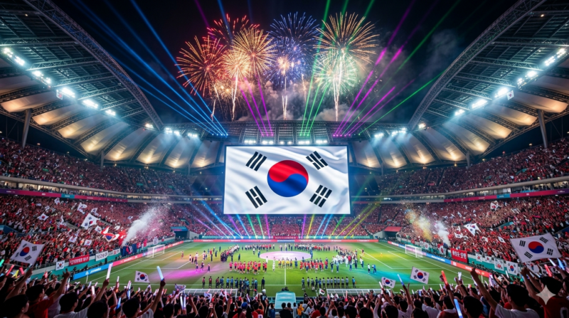 2026 북중미 월드컵 개막식이 열린 경기장 전경. 밤하늘을 수놓는 화려한 불꽃놀이와 다채로운 레이저 쇼 아래, 스타디움 중앙의 대형 LED 전광판에 대한민국의 태극기가 자랑스럽게 펄럭이고 있다