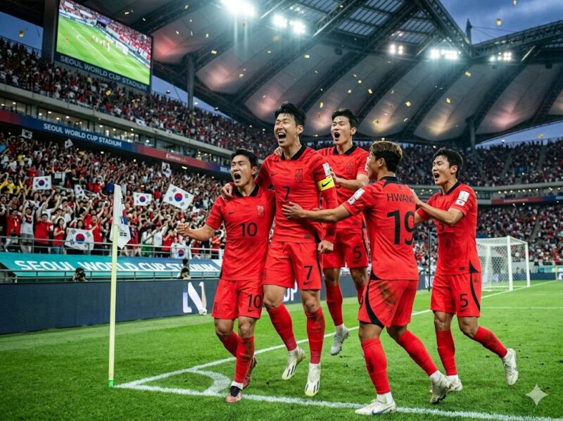 북중미 월드컵 분산 개최 배경과 극적인 승리 후 환호하는 한국 축구 국가대표팀