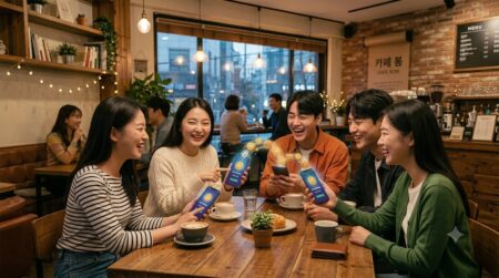 카카오페이 실전 활용법으로 카페에서 친구들과 모임 비용을 간편하게 정산하는 모습