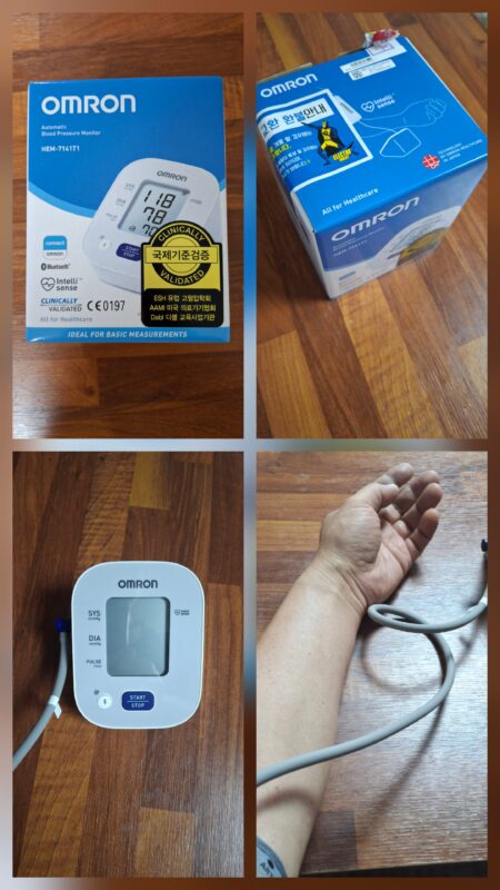 오므론 HEM-7141T1 박스 개봉 사진, 깔끔하게 정리된 내용물, 그리고 실제 팔뚝에 커프를 감고 측정하는 모습