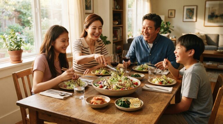 온 가족이 식탁에 모여 신선한 양상추 발사믹 드레싱 샐러드를 함께 즐기는 모습
