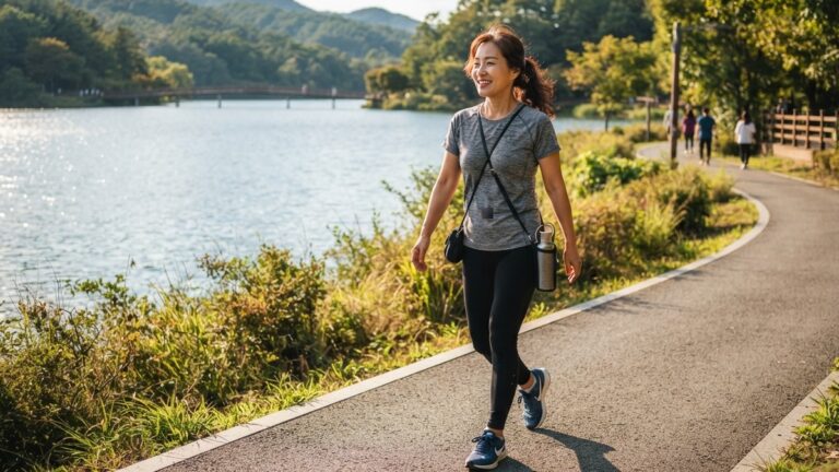 허리 건강을 위해 호수 산책로를 가볍게 산책하는 중년 여성의 모습