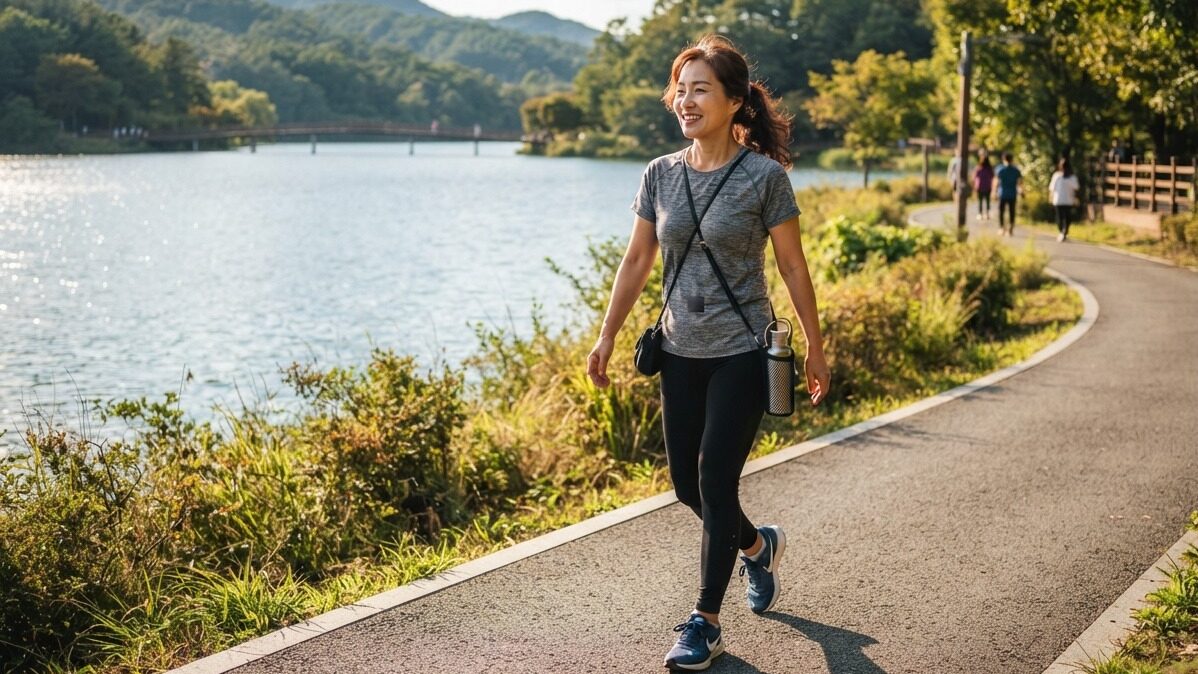 허리 건강을 위해 호수 산책로를 가볍게 산책하는 중년 여성의 모습