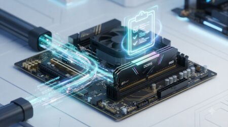 컴퓨터 RAM 메모리로 데이터가 임시 저장되는 흐름을 시각화한 프리미엄 3D 개념도.