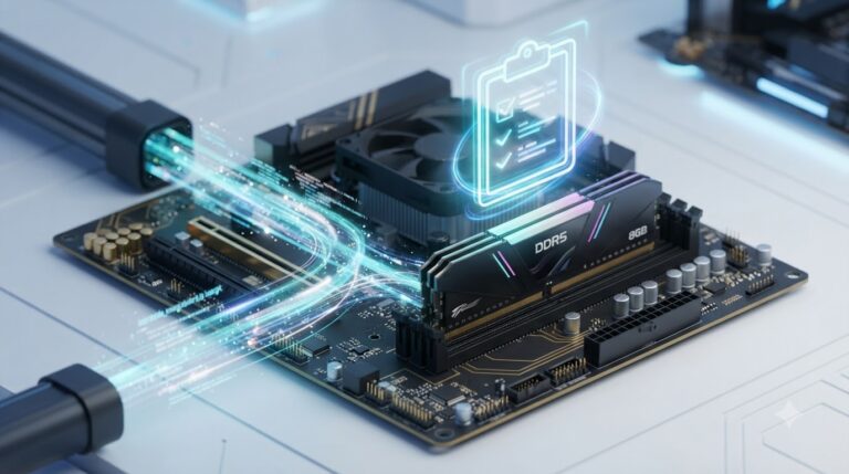 컴퓨터 RAM 메모리로 데이터가 임시 저장되는 흐름을 시각화한 프리미엄 3D 개념도.
