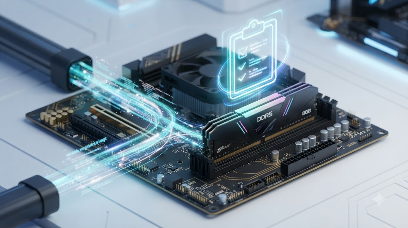 컴퓨터 RAM 메모리로 데이터가 임시 저장되는 흐름을 시각화한 프리미엄 3D 개념도.